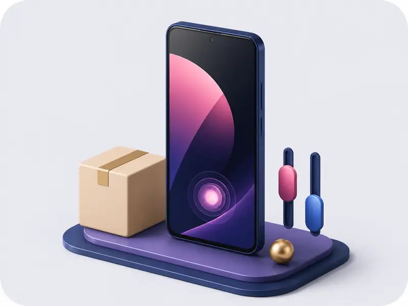 Ilustrasi telefon Android dengan motif pakej neutral dan tetapan.