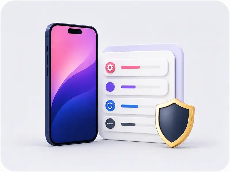 Peranti berbentuk iPhone dengan kad konfigurasi neutral.